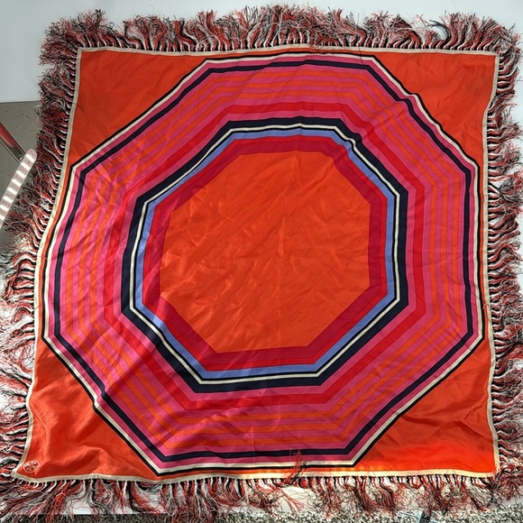 Tory Burch Oversized Silk Fringe Scarf Shawl – Orange Pink Geometric Wrap - Picture 1 of 6